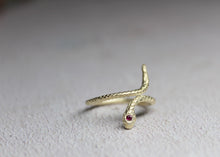 Load image into Gallery viewer, 9k solid gold snake ring with tiny ruby , Wrap adjustable ring , Dainty jewelry, Gift for her