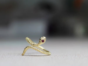 9ct gold snake adjustable ring with Ruby
