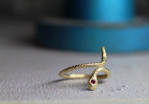 9k solid gold snake ring with tiny ruby , Wrap adjustable ring , Dainty jewelry, Gift for her