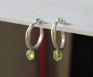 Peridot hoop earrings, Sterling silver dainty hoops