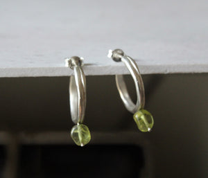 Peridot hoop earrings, Sterling silver dainty hoops