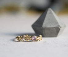Load image into Gallery viewer, 14k solid gold cedar leaf ring with amethyst gemstone, Engagement ring