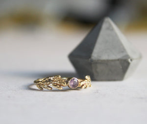 14k solid gold cedar leaf ring with amethyst gemstone, Engagement ring