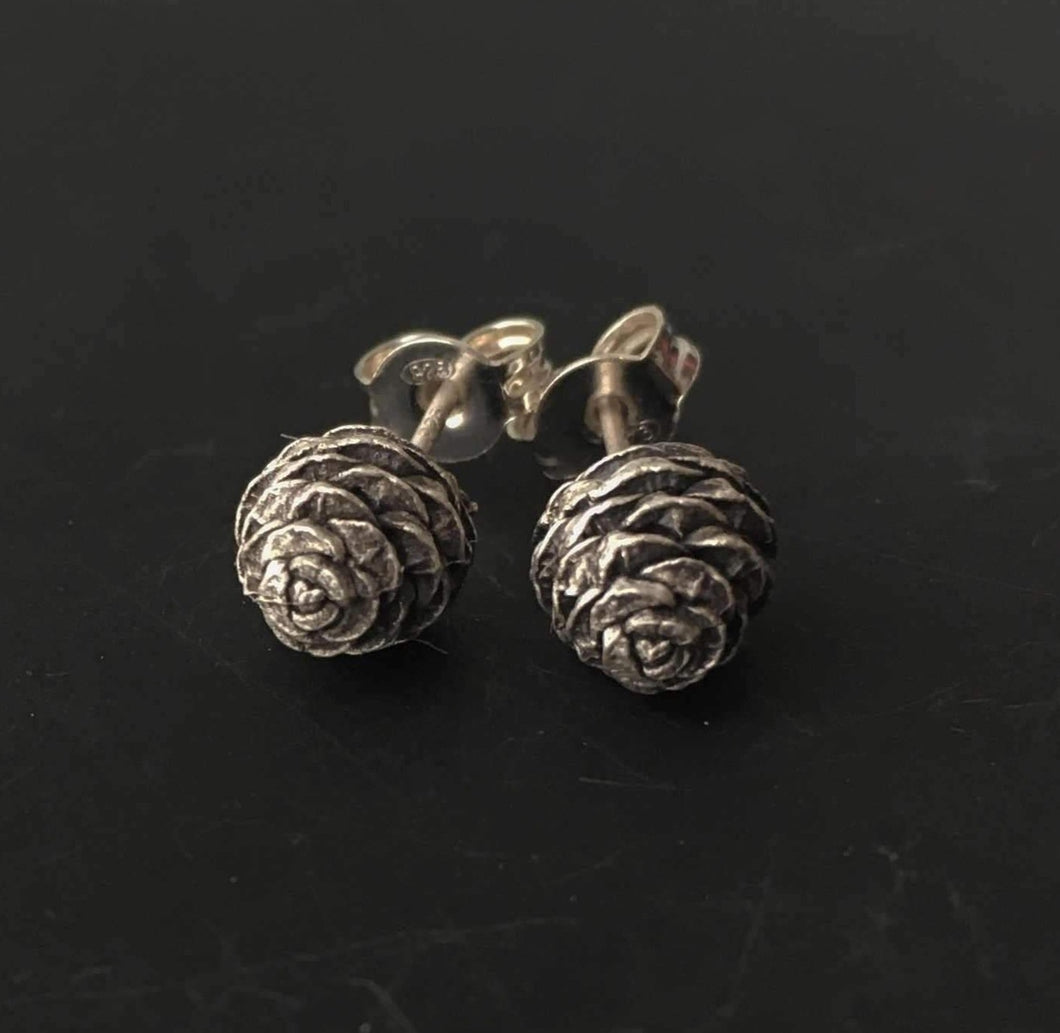 Sterling silver pine cone earrings, Small stud earrings inspired by nature
