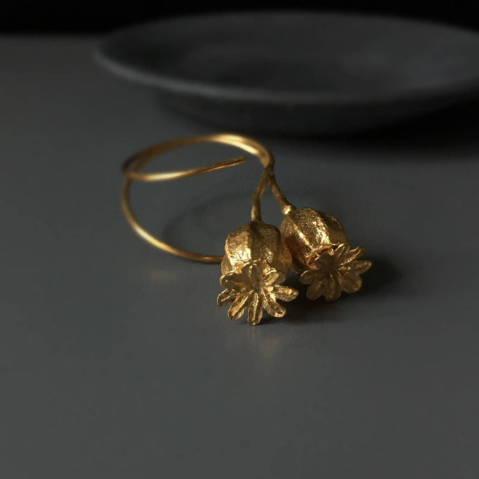 Gold plated poppy pod earrings, Long nature earrings, Wedding jewelry