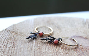 Botanical hoop earrings ,Cedar leaf hoops,Botanical jewelry ,Nature hoop earrings ,Gift for her