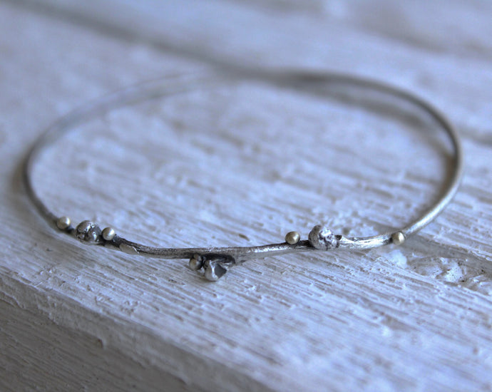 Sterling silver twig bangle bracelet ,Branch Bracelet with 18K solid gold dots