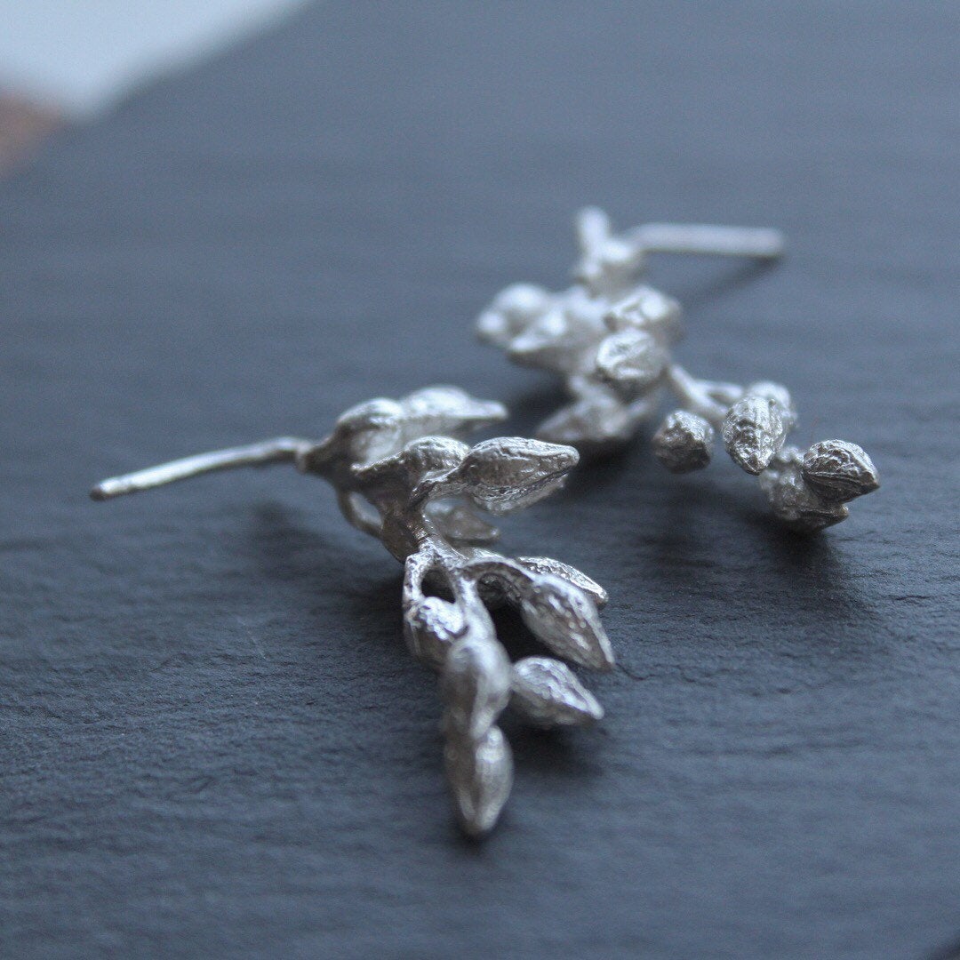 Long nature earrings, Silver seed earrings, Organic Jewelry, Unique Bridal earrings