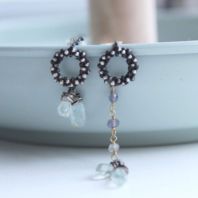 Aquamarine earrings, March birthstone , Iolite boho earrings , Gemstone crystal earrings