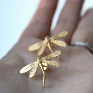 Gold plated dragonfly earrings, Insect jewelry, Unique earrings, gift for her