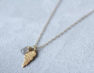 Gold angel wing necklace , Labradorite gemstone ,Simple delicate necklace , Gift for bridesmaids