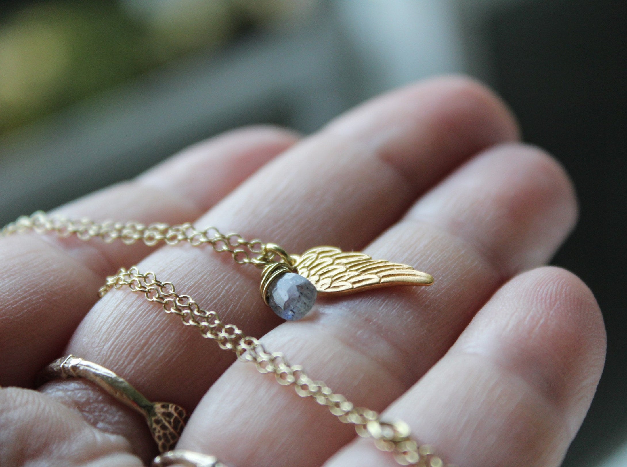 Gold angel wing necklace , Labradorite gemstone ,Simple delicate necklace , Gift for bridesmaids