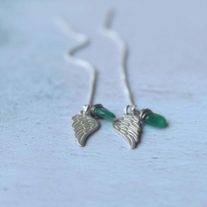 Sterling silver ear threader earrings, Green onyx earrings, Boho jewellery