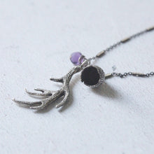 Load image into Gallery viewer, Deer antler necklace, Silver antler pendant,Forest pendant, Amethyst jewelry ,Gift for her