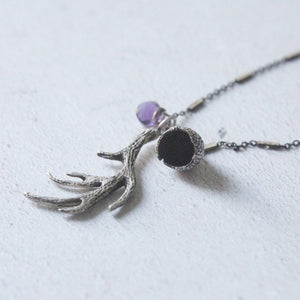 Deer antler necklace, Silver antler pendant,Forest pendant, Amethyst jewelry ,Gift for her