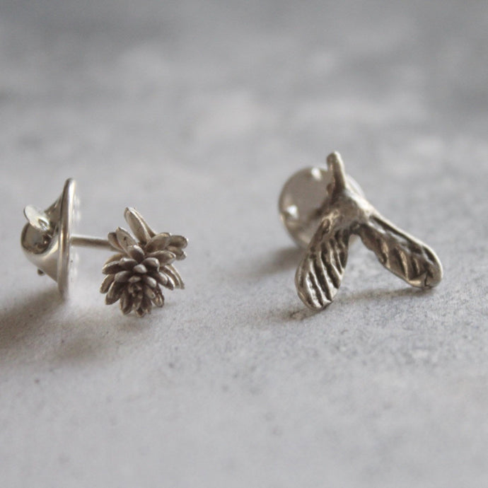 Sterling silver pins, Set of two pins, Succulent jewelry, Maple seed pin, Silver lapel pin