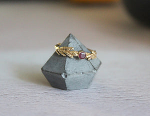 14K solid gold ruby ring, Engagement ruby ring, Birthstone gold ring, Gold leaf ring , Ring for her