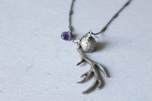 Load image into Gallery viewer, Deer antler necklace, Silver antler pendant,Forest pendant, Amethyst jewelry ,Gift for her