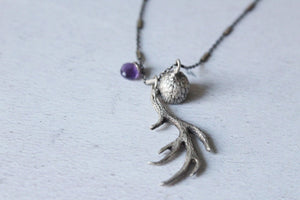 Deer antler necklace, Silver antler pendant,Forest pendant, Amethyst jewelry ,Gift for her