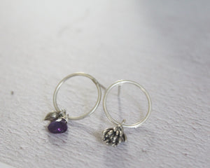 Mismatched earrings,  Open circle stud earrings,Amethyst and Succulent earrings