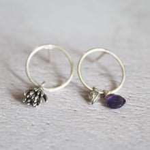 Load image into Gallery viewer, Mismatched earrings,  Open circle stud earrings,Amethyst and Succulent earrings