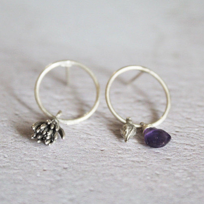 Mismatched earrings,  Open circle stud earrings,Amethyst and Succulent earrings