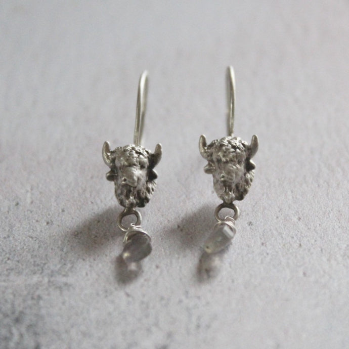 Buffalo earrings, Labradorite gemstone earrings, Sterling silver bull earrings , Gothic jewelry