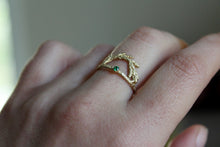Load image into Gallery viewer, 14k solid gold ring , Cedar leaf ring, CZ gold ring, Alternative engagement ring, Gold nature ring
