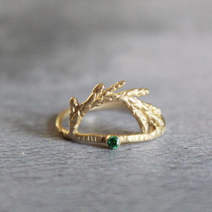 14k solid gold ring , Cedar leaf ring, CZ gold ring, Alternative engagement ring, Gold nature ring