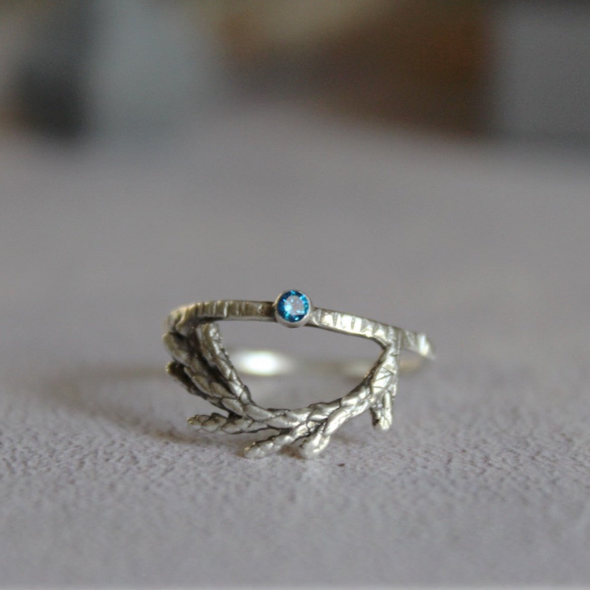 Cubic zirconia leaf ring, Cedar leaf ring, Sterling silver ring, Delicate gemstone ring