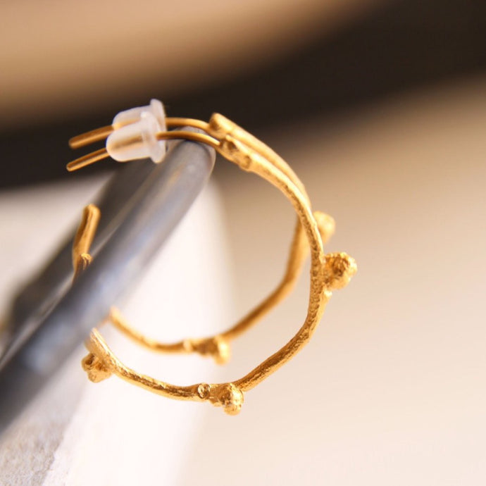 Gold plated twig hoop earrings, Branch jewelry, Inspired by nature