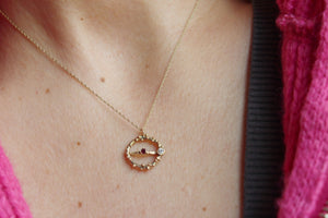 9k solid gold open circle pendant with gemstones, Gold minimal necklace