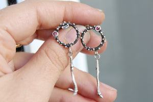 Sterling silver open circle dot earrings with pink zircon, Delicate dangle earrings for her