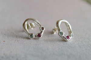 Gemstone stud earrings, Recycled sterling silver oval earrings