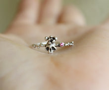 Load image into Gallery viewer, Thin sugar skull ring in sterling silver with hot pink zircon