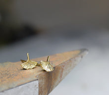 Load image into Gallery viewer, 14k solid gold tiny ginkgo leaf stud earrings