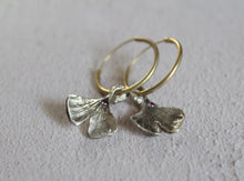 Load image into Gallery viewer, Sterling silver ginkgo leaf hoop earrings with pink zircon