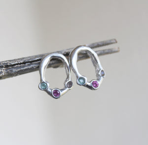 Gemstone stud earrings, Recycled sterling silver oval earrings