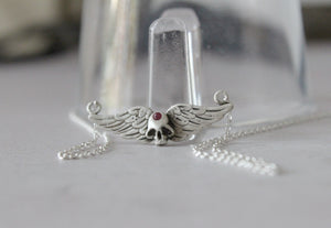 Skull with angel wings necklace, Ruby skull jewelry,Gothic skull jewelry