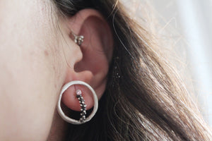 Open circle earrings ,Sterling silver unique earrings with pink zircon,