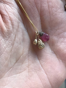 9k solid gold seed necklace with ruby , Gold charm necklace