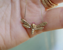Load image into Gallery viewer, 14k solid gold moth deaths head necklace with ruby gemstone