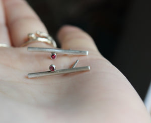 Sterling silver bar earrings with hot pink zircon