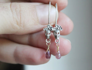Sterling silver sugar skull earrings with pink tourmaline