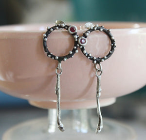 Sterling silver open circle dot earrings with pink zircon, Delicate dangle earrings for her