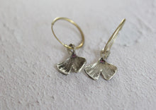 Load image into Gallery viewer, Sterling silver ginkgo leaf hoop earrings with pink zircon