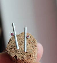 Load image into Gallery viewer, Sterling silver bar earrings with hot pink zircon