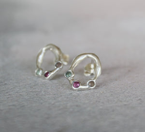 Gemstone stud earrings, Recycled sterling silver oval earrings