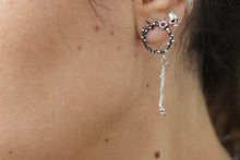 Load image into Gallery viewer, Sterling silver open circle dot earrings with pink zircon, Delicate dangle earrings for her