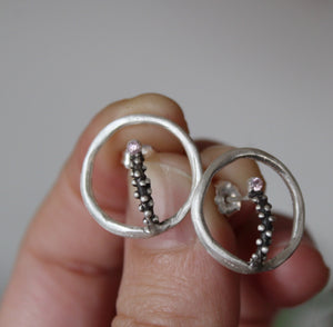 Open circle earrings ,Sterling silver unique earrings with pink zircon,